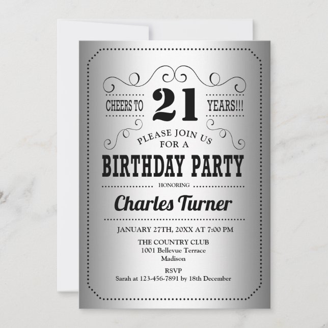 21st Birthday Party - Retro Silver Black Invitation (Front)