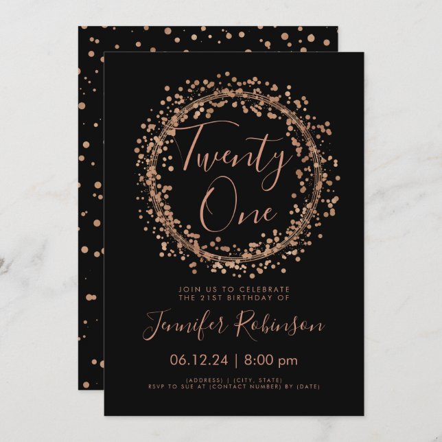 21st Birthday Party Rose Gold Black Confetti Invitation (Front/Back)