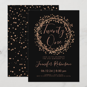 21st Birthday Party Rose Gold Black Confetti Invitation