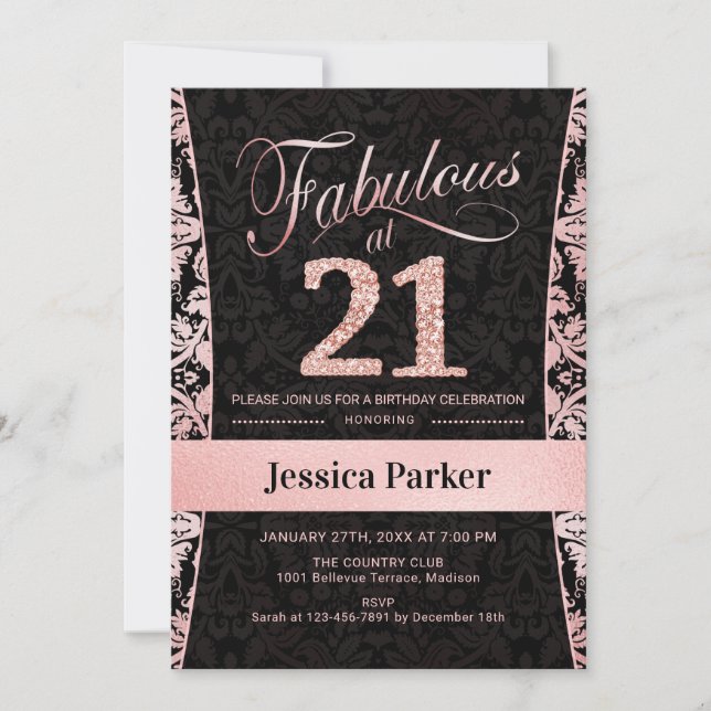 21st Birthday Party - Rose Gold Black Invitation (Front)