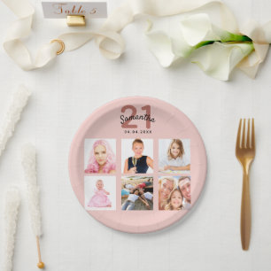 21st birthday party rose gold blush name photo paper plate