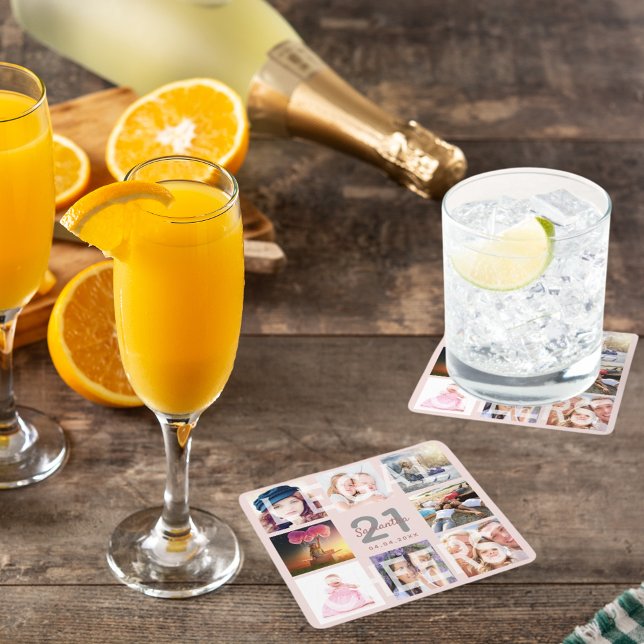 21st birthday party,rose gold blush pink photo square paper coaster (Creator Uploaded)