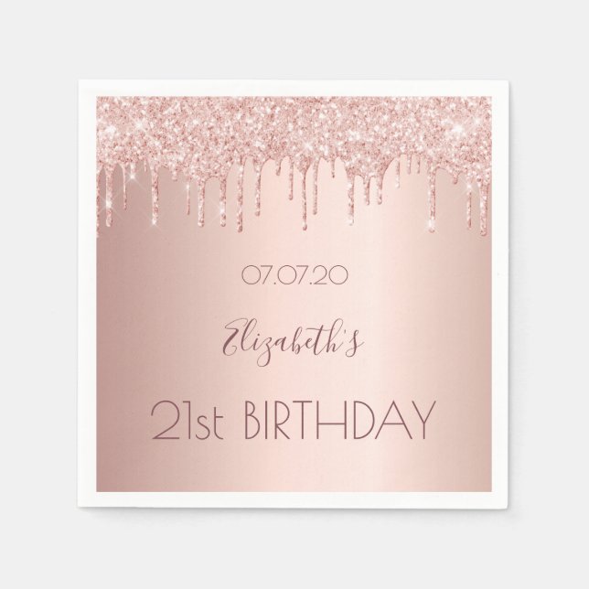 21st birthday party rose gold drips napkin (Front)