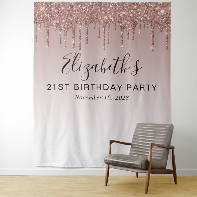 21st Birthday Party Rose Gold Glitter Backdrop Tapestry (In Situ)
