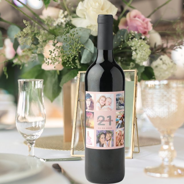 21st birthday party rose gold pink photo collage wine label (Creator Uploaded)
