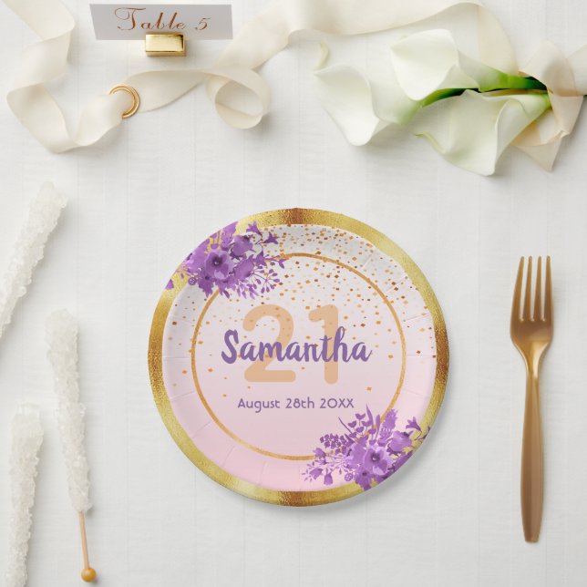 21st birthday party rose gold purple florals name paper plate (Wedding)