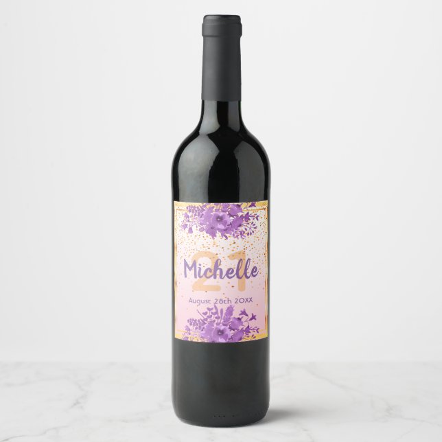 21st birthday party rose gold purple flowers  wine label (Front)