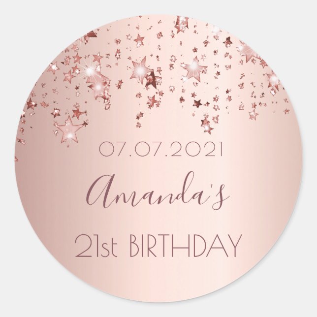 21st birthday party rose gold shiny stars glittery classic round sticker (Front)