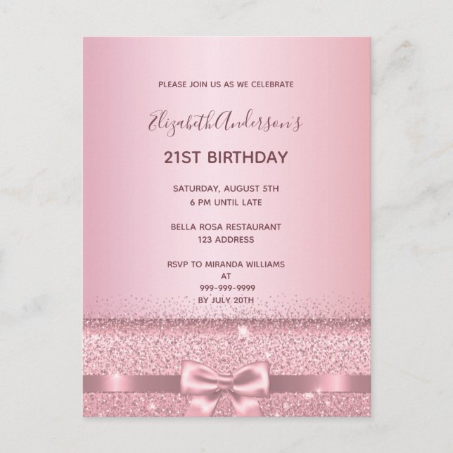 21st birthday party rose gold sparkle invitation postcard (Front)