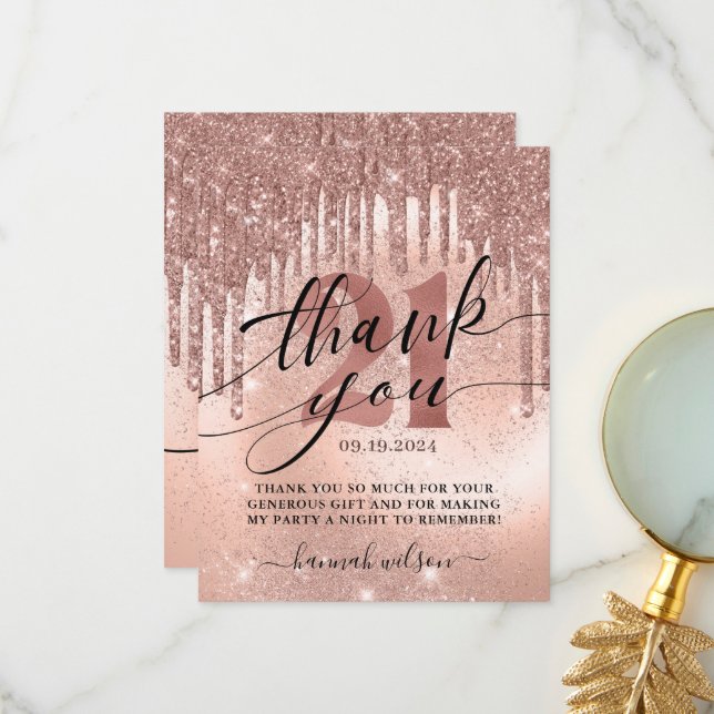 21st Birthday Party Rose Gold  Thank You Card (Front/Back In Situ)