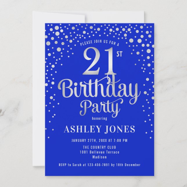 21st Birthday Party - Royal Blue & Silver Invitation (Front)