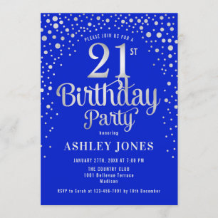 21st Birthday Party - Royal Blue & Silver Invitation