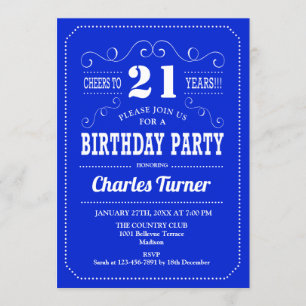 21st Birthday Party - Royal Blue White Invitation