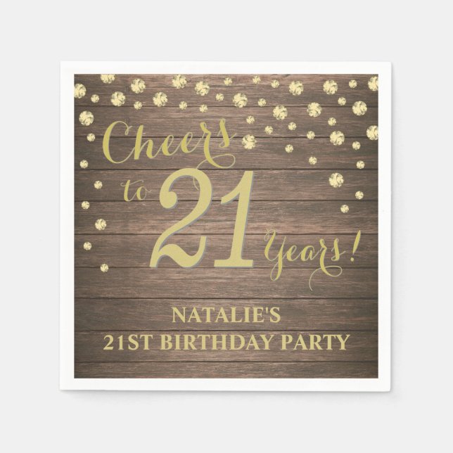 21st Birthday Party Rustic Wood and Gold Diamond Napkin (Front)