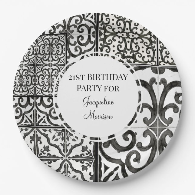21st Birthday Party RusticTile Pattern Black White Paper Plate (Front)
