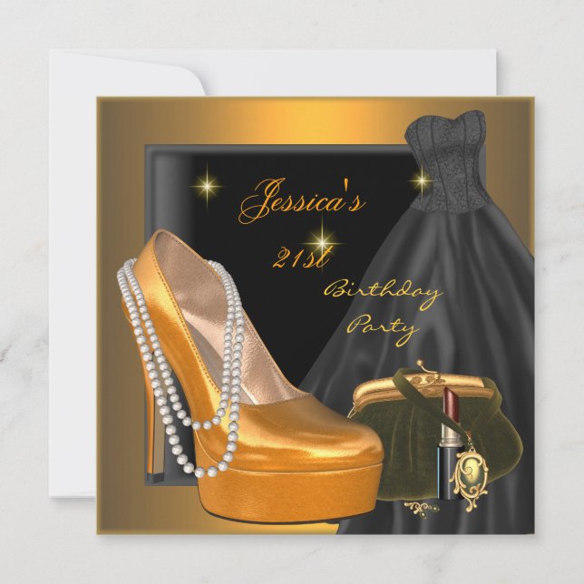 21st Birthday Party Shoe Gold Orange Black Invitation (Front)