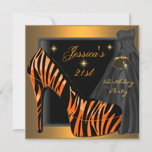 21st Birthday Party Shoe Gold Orange Black Zebra Invitation (Front)