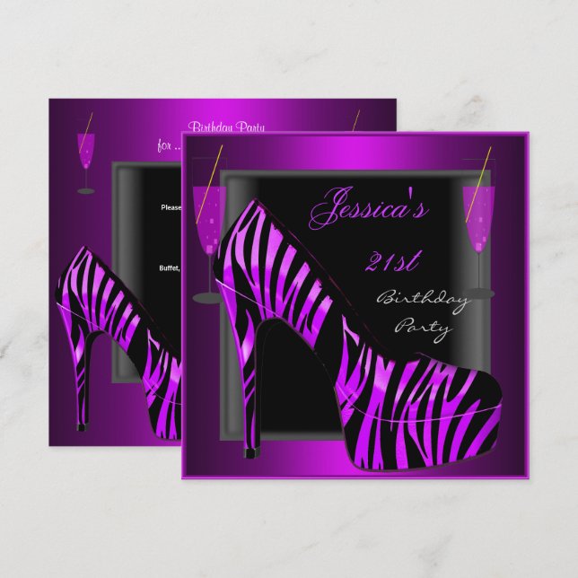 21st Birthday Party Shoe Purple Black Zebra Invitation (Front/Back)