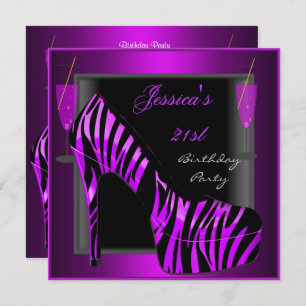 21st Birthday Party Shoe Purple Black Zebra Invitation