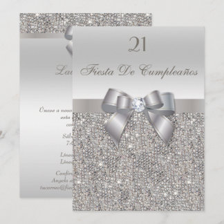 21st Birthday Party Silver Sequins, Bow & Diamond Invitation