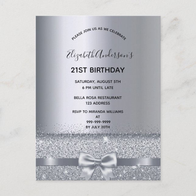 21st birthday party silver sparkle invitation postcard (Front)