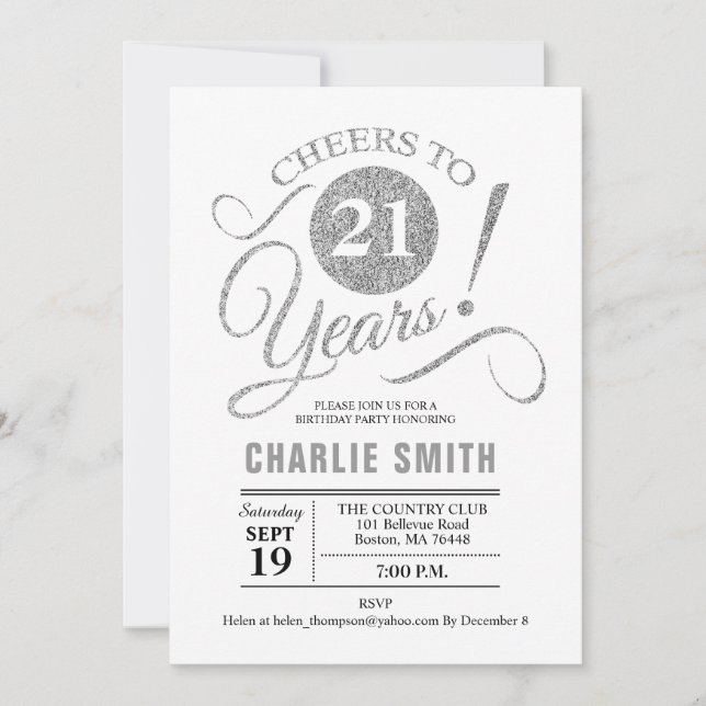 21st Birthday Party - Silver White Invitation (Front)