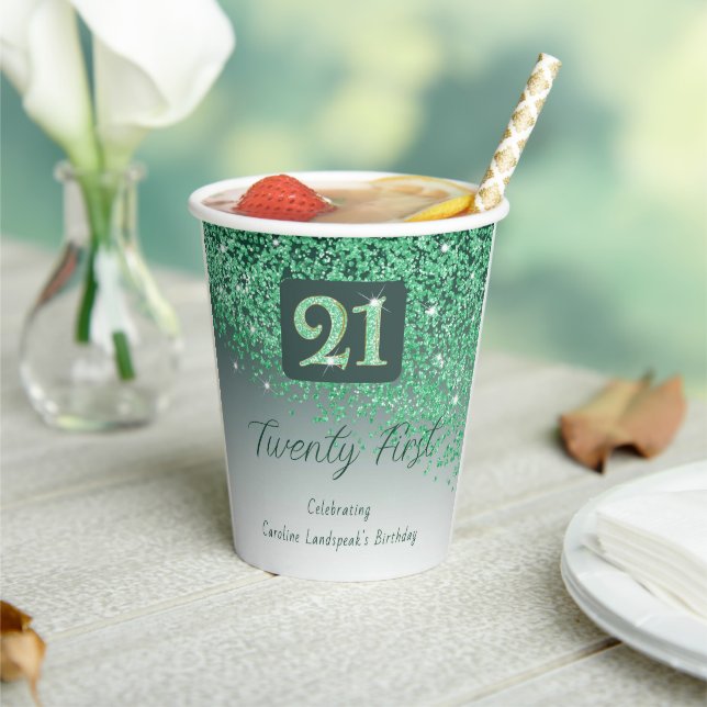 21st Birthday Party Sparkle Green Glitter Paper Cups (Insitu)
