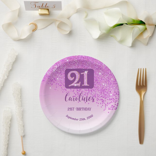21st Birthday Party Sparkle Pink Glitter Paper Plate (Wedding)