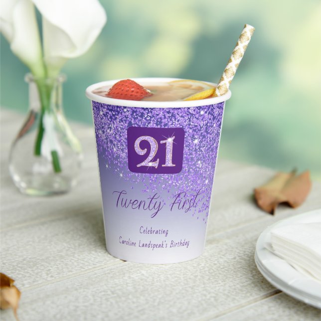 21st Birthday Party Sparkle Purple Glitter Paper Cups (Insitu)
