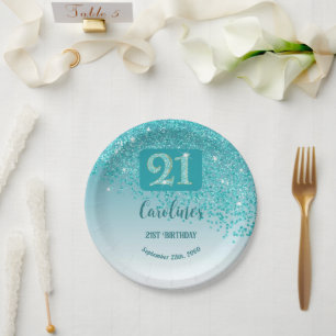 21st Birthday Party Sparkle Teal Blue Glitter Paper Plate