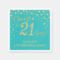 21st Birthday Party Teal and Gold Diamond Napkins