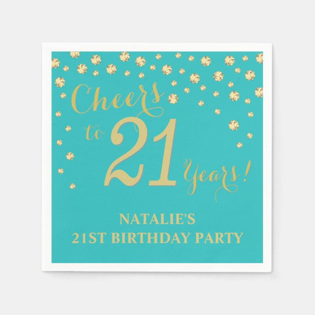 21st Birthday Party Teal and Gold Diamond Napkins (Front)