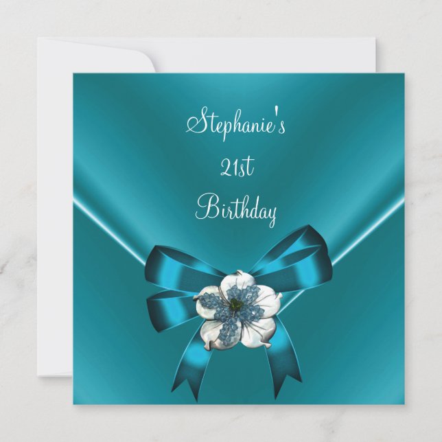 21st Birthday Party Teal Blue Silk White Jewel Bow Invitation (Front)