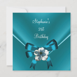 21st Birthday Party Teal Blue Silk White Jewel Bow Invitation