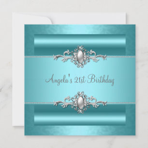 21st Birthday Party Teal Blue Silver Pearl Jewel Invitation