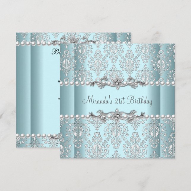 21st Birthday Party Teal Blue White Pearl Silver Invitation (Front/Back)