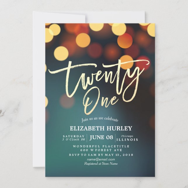 21st Birthday Party Teal Gold Bokeh String Lights Invitation (Front)