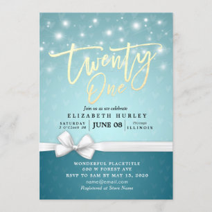 21st Birthday Party Turquoise Blue White Ribbon Invitation