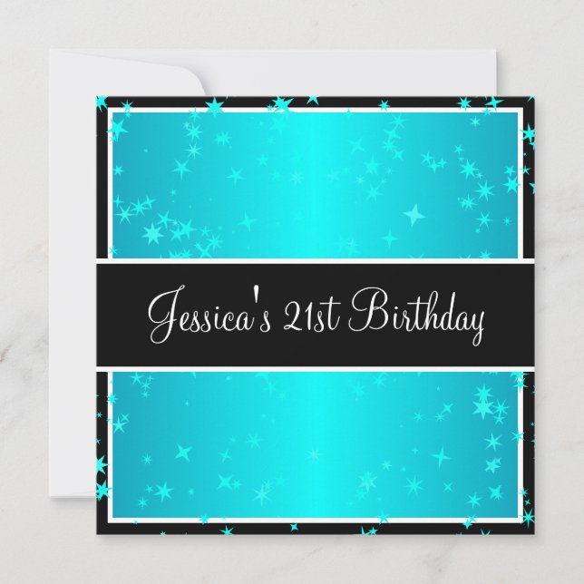 21st Birthday Party Turquoise Stars Black & White Invitation (Front)