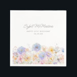 21st Birthday Party Watercolor Floral Custom Napkin<br><div class="desc">An elegant watercolor floral bouquet of vintage flowers decorates the top of this 21st birthday party custom cocktail napkin. The soft pastel flowers are accented with modern line art. The birthday celebrant's name and birthday follow. All text is editable.</div>