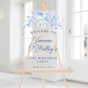 21st Birthday Party Welcome Blue Rose Floral Acrylic Sign