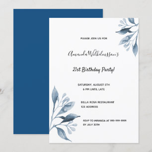 21st birthday party white blue florals botanical invitation