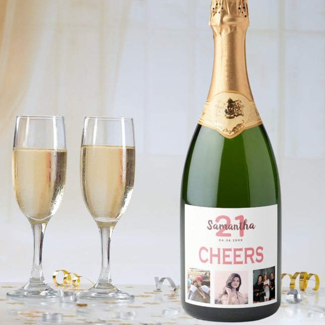21st birthday party white blush cheers photo sparkling wine label (Creator Uploaded)