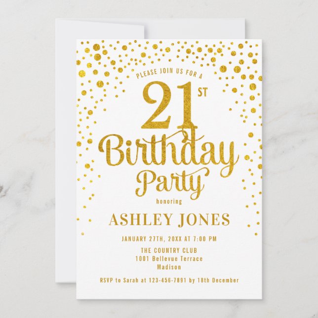 21st Birthday Party - White & Gold Invitation (Front)