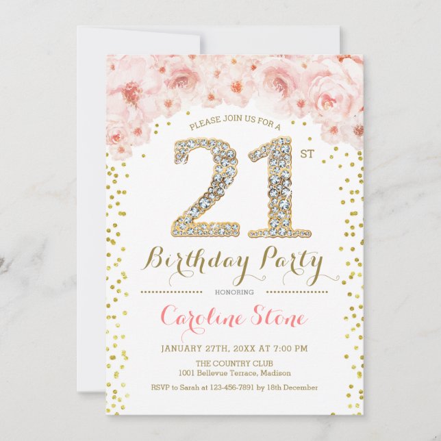 21st Birthday Party - White Gold Pink Invitation (Front)