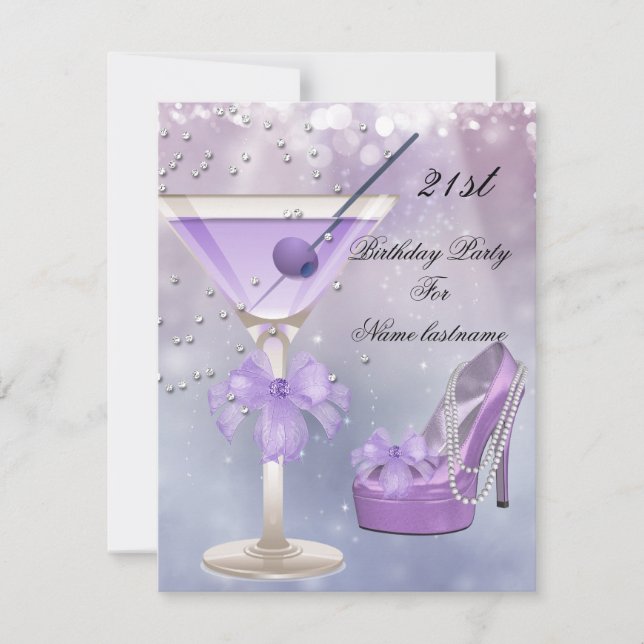 21st Birthday Party White Lilac Martini Purple Invitation (Front)