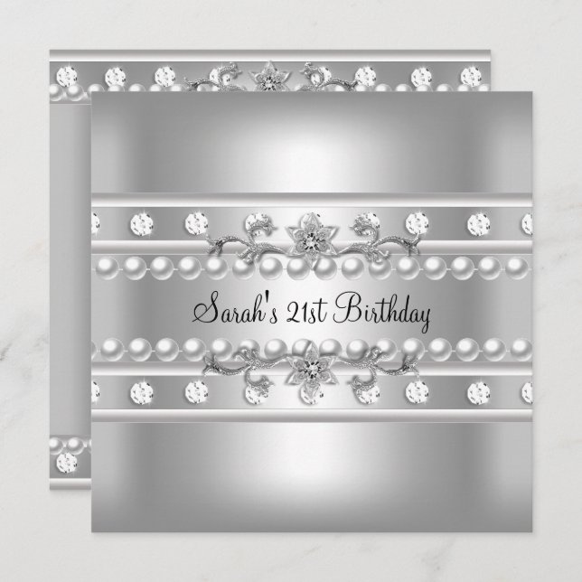 21st Birthday Party White Pearl Diamond Silver Invitation (Front/Back)