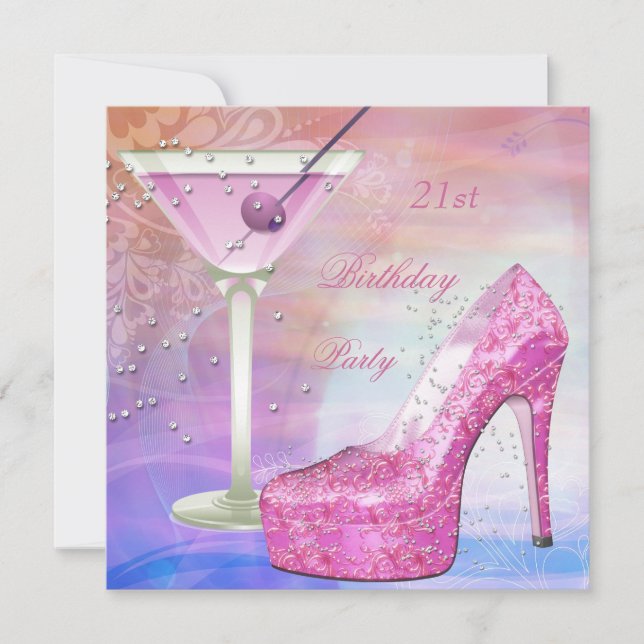 21st Birthday Party White Pink Blue Martini Shoe Invitation (Front)