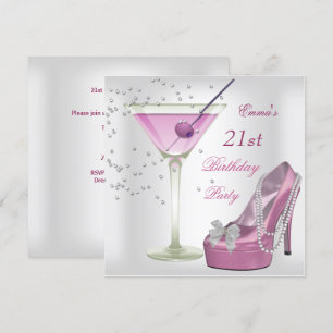21st Birthday Party White Pink Martini Shoes Invitation