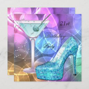 21st Birthday Party White Pink Teal Martini Shoe Invitation